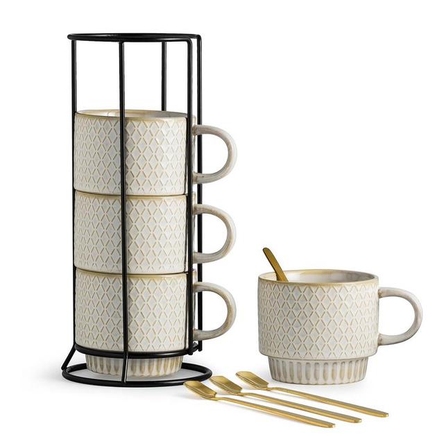 LYEOBOH Stackable Coffee Mugs, Coffee Cups, Mug Set of 4 with Spoons - 13 Oz Coffee Cup Set with Stand, Ceramic Coffee Mug - Farmhouse Kitchen, Beige