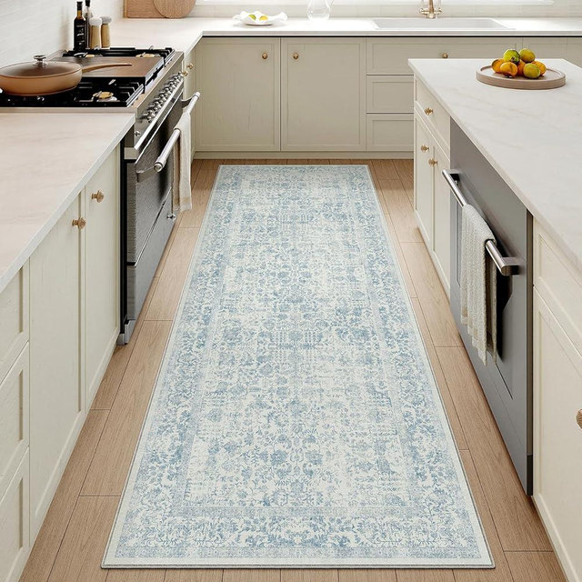 PureCozy Blue Runner Rug 2x5 Hallway Machine Washable Kitchen Vintage Distressed Non Slip Long Carpet Indoor Retro Floral Bedroom Accent Throw Rug for Bathroom Office Laundry Dining Room