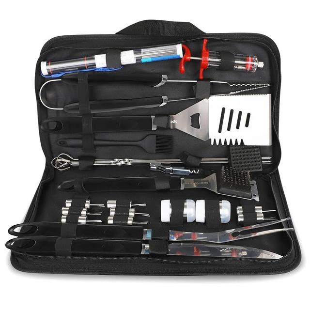 SpartaSake 24 Pc. BBQ GrillTools – Stainless Steel BBQ Utensils for Grill, Smoker & Blackstone– BBQ Grill Accessories Grilling Gift for Men & Women with Spatula, Thermometer & Tongs - Black Handle
