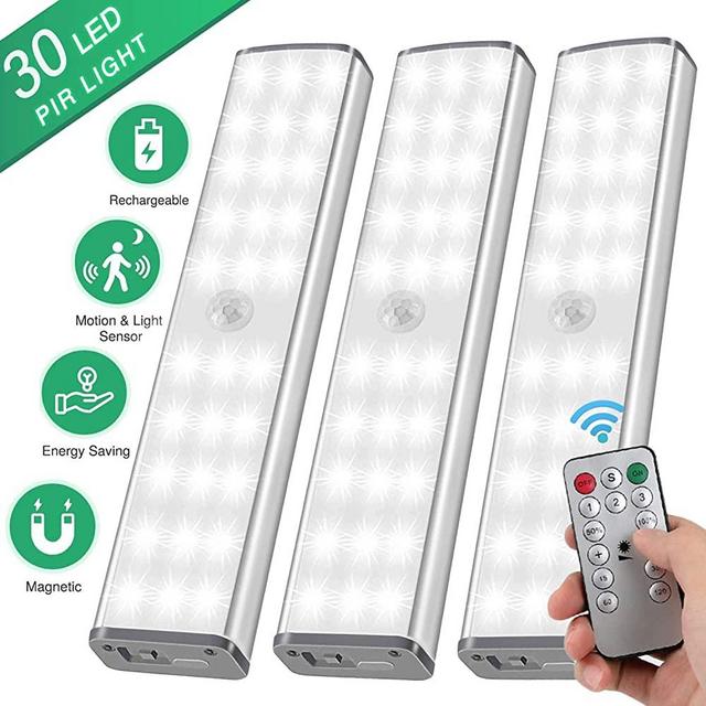 LED Closet Light Motion Activated - 30 LED Under Cabinet Lights Rechargeable with Remote Control,Stick-on Anywhere Wireless Motion Sensor Lights for Hallway Cabinet Stairway Wardrobe Kitchen (3 Pack)