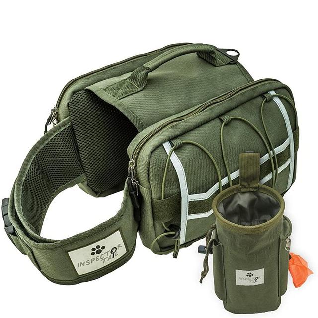 INSPECTOR TAIL 2 Pack Dog Saddle Bag and Treat Pouch as Hiking Gear Accessories. Waterproof Lightweight and Reflective Backpack with Pockets for Outdoor Travel & Camping for Medium & Large Dogs