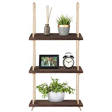 Mkono Wood Hanging Shelf Wall Swing Storage Shelves Jute Rope Organizer Rack, 3 Tier