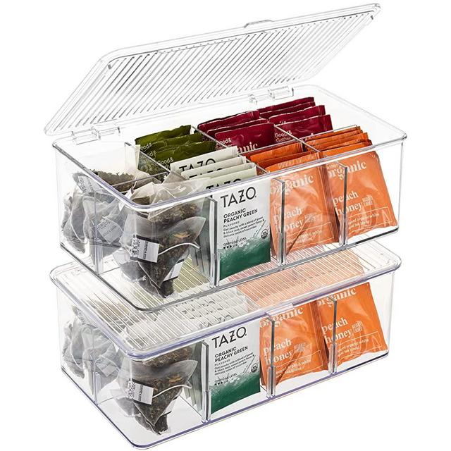 Sorbus Organizer Bins, with lids & Removable Compartments, tea bag organizer Box, Kitchen Pantry Organization Storage bins with Dividers, snack and candy organizer, Food Packet containers for organizing, Cabinet Organizers