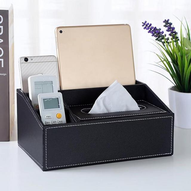 Leather Tissue Box Cover Desk Organizer Rectangular Multifunctional Tissue Holder Remote Control Holder Black PU Leather Desktop Tissue Storage Box with Compartments for Home Office