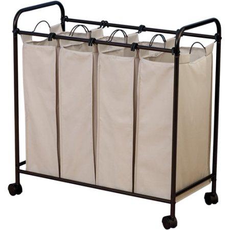 Household Essentials Rolling Quad Sorter Laundry Hamper with Natural Polyester Bags, Antique Bronze