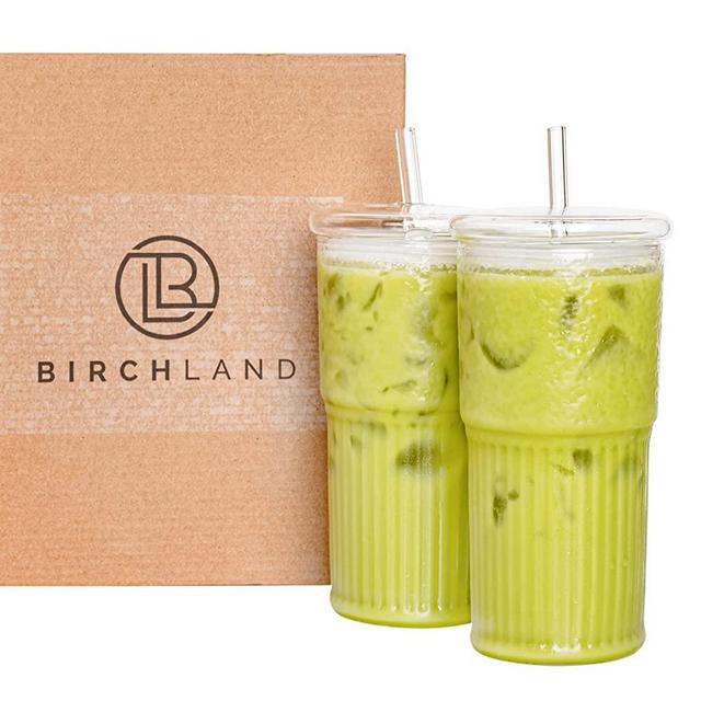 All Glass Iced Coffee Cup with Lid and Straw, Glass Tumbler Set of 2 (21 oz)