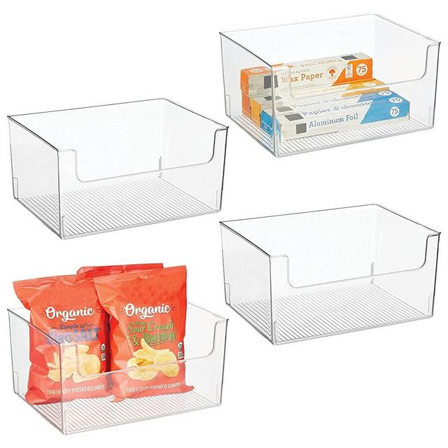 mDesign Large Modern Plastic Open Front Dip Storage Organizer Bin Basket for Kitchen Organization - Shelf, Cupboard, Cabinet, and Pantry Organizing Decor - Ligne Collection - 4 Pack - Clear