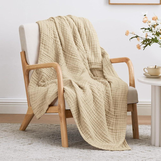Love's cabin 100% Cotton Muslin Blanket, 6 Layer Lightweight Breathable Gauze Large Throw Blanket 50 x 70 Inches, Soft Cooling All Season Blanket for Couch or Sofa, Khaki