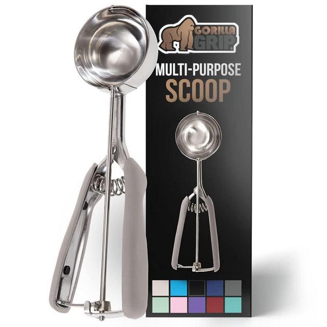 Gorilla Grip Premium Stainless Steel, Spring-Loaded Scoop for Fruit, Cookie and Ice Cream, Easy Squeeze and Clean Release, Comfortable Handle, Large 5.3 TBSP Scooper Size 12, Uniform Portions, Almond