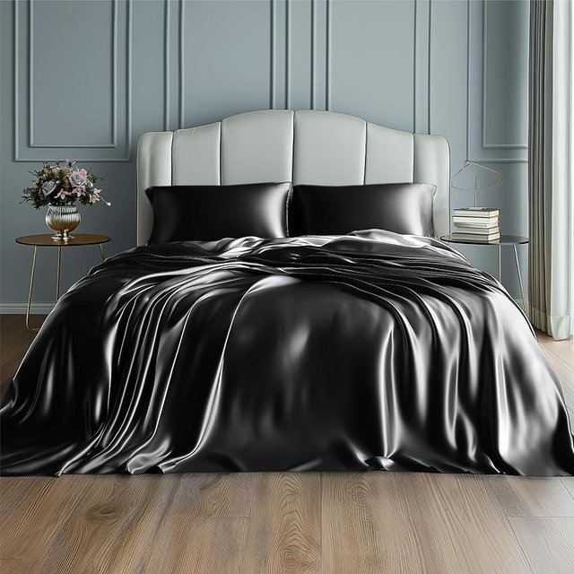 Bedsure Satin Sheets - King Sheet Set, 4 Pcs King Bed Sheets, Similar to Silk Sheets, Bed Sheets King Size for Hair and Skin, Gifts for Women (Black, King)