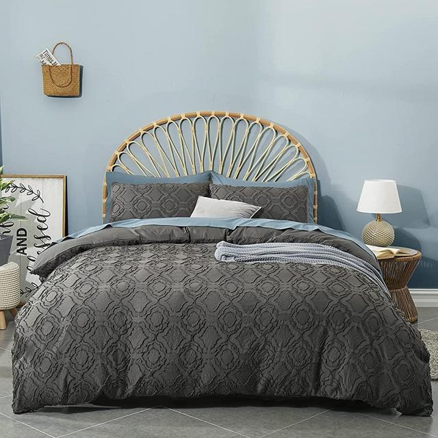 BEDAZZLED Duvet Cover King Size, 3 Pieces Tufted Comforter Cover Set, Soft and Embroidery Shabby Chic Boho Bedding Sets for All Seasons, Charcoal Grey