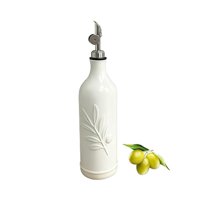 Lurockie 20 Oz Ceramic Olive Oil Dispenser Bottle, with Stainless Steel Spout & Funnel, Ideal for Oil, Vinegar, Coffee Syrup & Liquids (White)