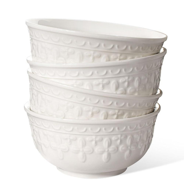 Wareland Cereal Bowls Set of 4 - Ceramic Soup Bowls for Kitchen 30 Oz Embossment White Breakfast Bowls for Rice, Pasta, Fruits, Salad, Ramen, 6.25 Inch, Dishwasher & Microwave Safe (Cross Floral)