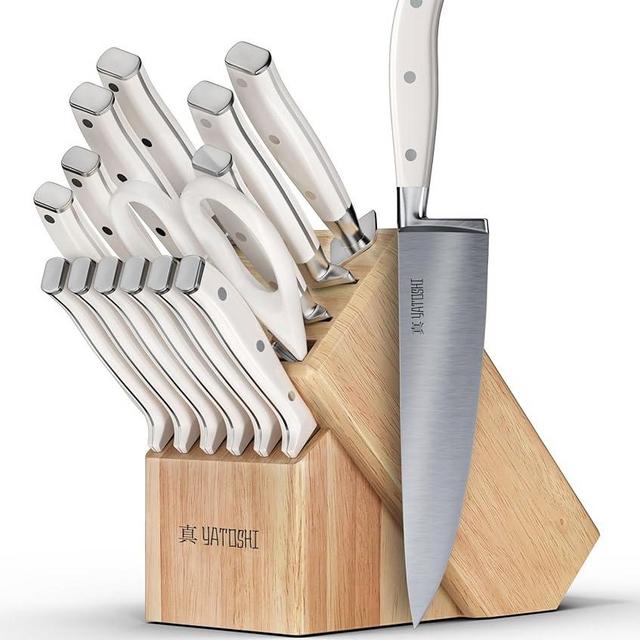 Yatoshi 15 Piece White Knife Block Set - Pro Kitchen Knife Set Ultra Sharp High Carbon Stainless Steel with Ergonomic Handle