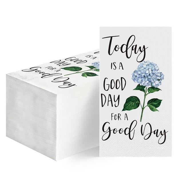 Horaldaily 100 Disposable Paper Decorative Guest Napkins, Blue Hydrangea Good Day Celebration Hand Towel for Party Lunch Dinner Kitchen Bathroom