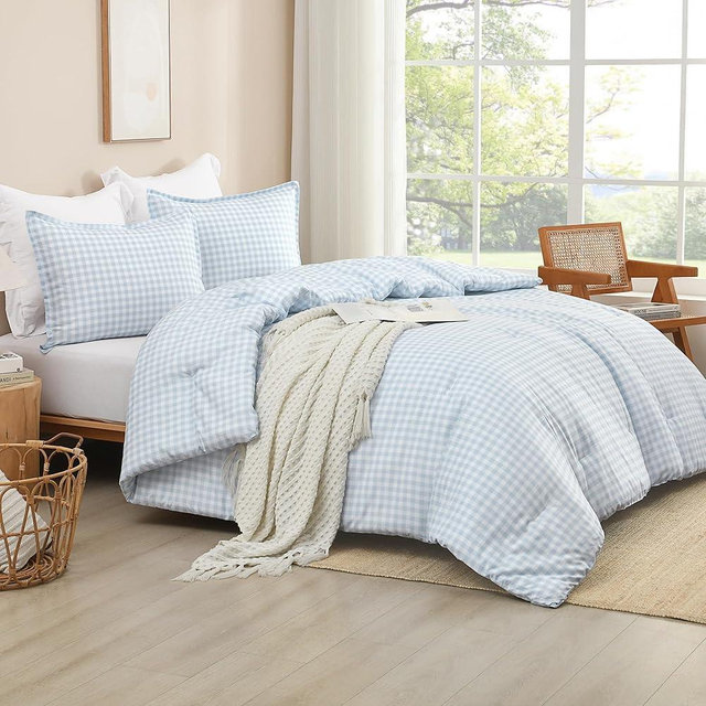 Andency Light Blue Gingham Comforter Set Queen(90x90Inch), Checkered Grid Plaid Buffalo Bed Set for Girls Boys Kids Teens, 3 Pieces Lightweight Polyester Geometric Preppy Bedding