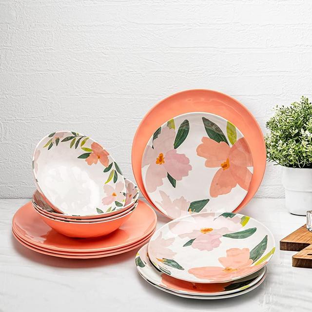 Zak Designs Blossom Dinnerware Sets for Indoors and Outdoors, 12 Pieces Melamine Plastic Plate and Bowls for Dinnertime with Family (Apricot)