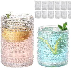 Hobnail Glass Cups, 12oz & 15oz Set of 12, Clear