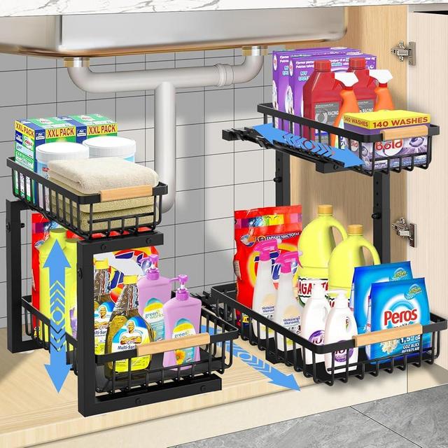 2 Pack Under Sink Organizer, Metal Slide out Sink Shelf Pull Out Cabinet Organizer Shelf, Kitchen Bathroom Organizers and Storage Metal Sliding Drawer, Multi-Purpose Storage for Home,Laundry Room