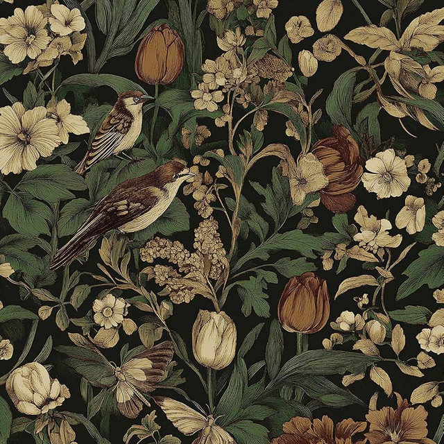 Erfoni 17.3" x 394" Bird Floral Peel and Stick Wallpaper Vintage Contact Paper for Livingroom Floral and Leaf Self Adhesive Wall Paper Retro DIY Removable Decorative Wallpaper Vinyl Roll Dark