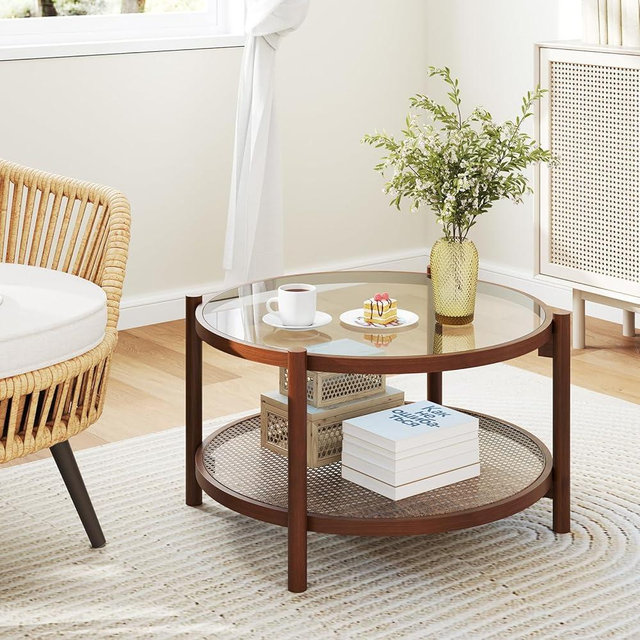CLEEMAN Rattan Coffee Table, 2-Tier Boho Glass Coffee Table with Solid Wood Frame & PE Rattan Shelf, Wood Round Tea Table with Tempered Glass, Center Table for Living Room Office