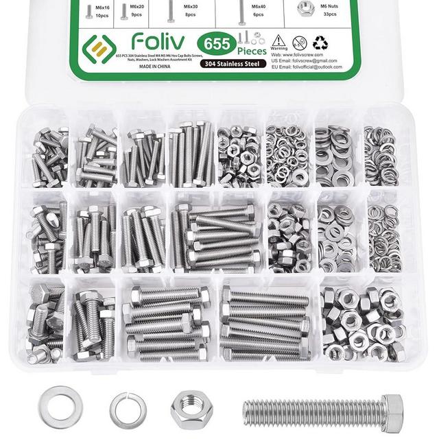 Heavy Duty Bolts, FOLIV 655PCS Heavy Duty Bolts Nuts Assortment Kit, M4 M5 M6 Metric Bolt Nut Kit 304 Stainless Steel, 12 Common Sizes Included