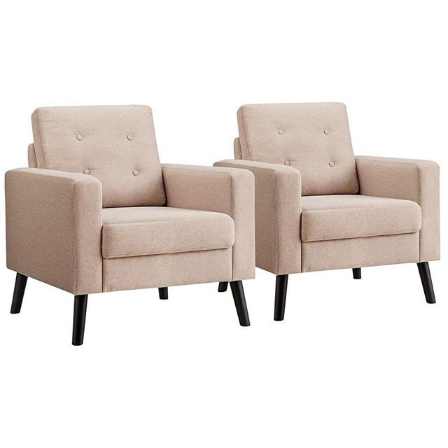 Giantex Set of 2 Modern Accent Chair, Mid-Century Upholstered Armchair Club Chair with Rubber Wood Legs, Linen Fabric Single Sofa for Living Room Bedroom Office (2, Beige)
