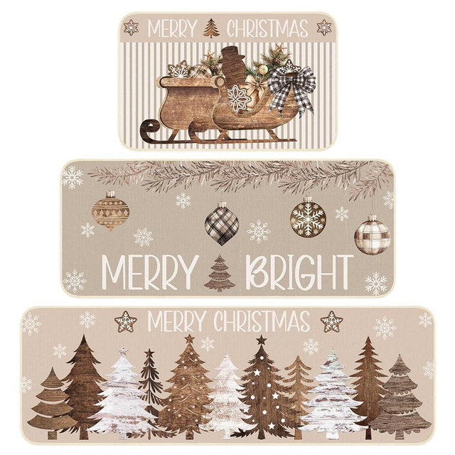 Layhit 3 Pcs Brown Christmas Kitchen Rugs and Mats Set Merry Christmas Kitchen Rugs Absorbent Anti Fatigue Brown Trees Mat for Xmas Party Home Decor 20'' x 59'', 20'' x 47'', 20'' x 32''