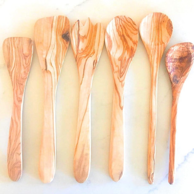 6 Pc 12"/14" Long Handle Olive Wood Utensil Set- by Orchard Hardwoods- Elegant Artisan Utensils for Non-Stick Cooking, Serving, Salads