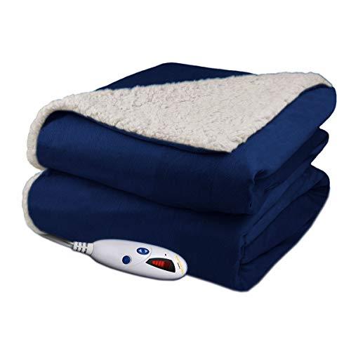 Biddeford Velour Sherpa Electric Heated Warming Throw Blanket Navy Washable Auto Shut Off 6 Heat Settings