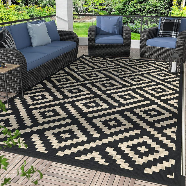 GENIMO Outdoor Rug for Patio Clearance,9'x12' Waterproof Large Mat,Reversible Plastic Camping Rugs,Rv,Porch,Deck,Camper,Balcony,Backyard (Black & Beige)