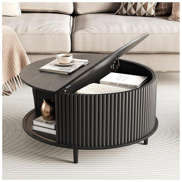 JOINICE,Round Coffee Table with Storage,Mid Century Modern Dining Table with Sliding Cabinet Door for Living Room,Home Small Space,31.5" Small Center Table,Black