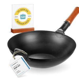 YOSUKATA 13.5" Carbon Steel Wok Pan – Pre-Seasoned Flat Bottom Pow Wok for Stir Fry, BBQ, Grill & Camping – Traditional Japanese Chinese Cookware – Compatible with Induction, Electric, Gas, Open Fire