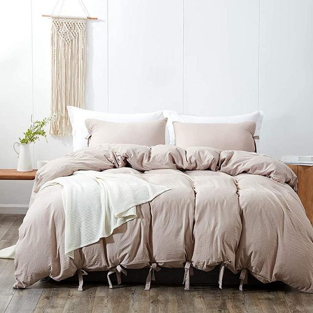 Gnognauq Duvet Cover King 104x90 Inch 3 Pieces Khaki Ultra Soft Washed Microfiber Boho Bowknot Tied Design Bedding Set 1 Duvet Cover 2 Pillow Shams Easy Care Bed Linens Duvet Cover Set Unisex