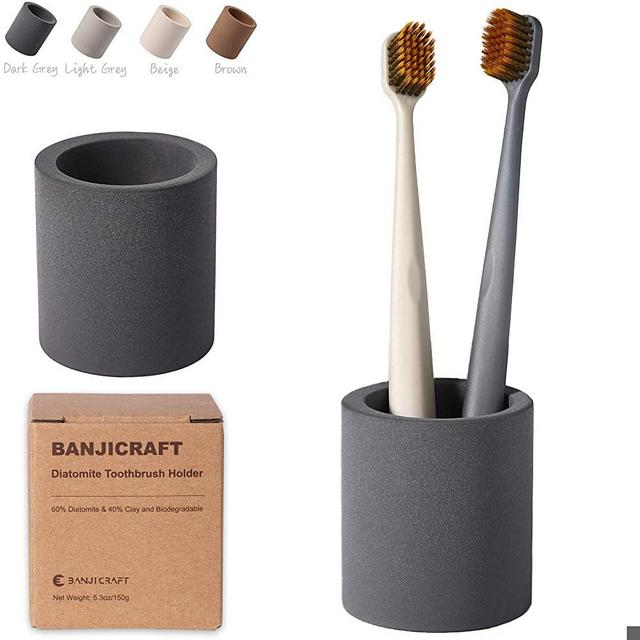 Banjicraft Natural Diatomite Toothbrush Holder for Bathroom, Large Caliber for Electric Toothbrushes Toothpaste Makeup Brushes Razors Countertop Organizer (Dark Grey)