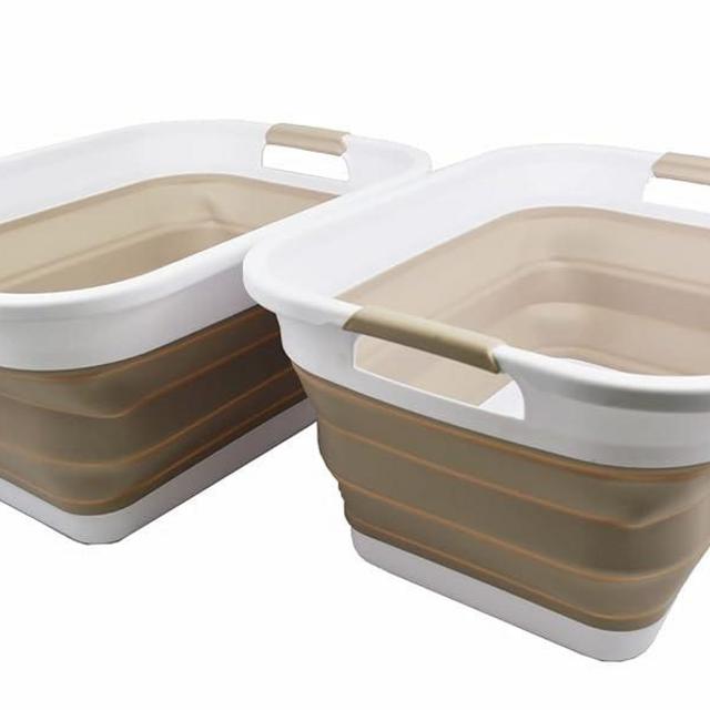 SAMMART 36L (9.5 gallon) Collapsible Plastic Laundry Basket - Foldable Pop Up Storage Container/Organizer - Portable Washing Tub - Space Saving Hamper/Basket (White/Latte (Set of 2))