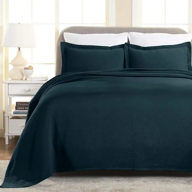 Basketweave Cotton Matelasse Decorative Bedspread and Pillow Sham Set, Queen, Deep Sea - Blue Nile Mills