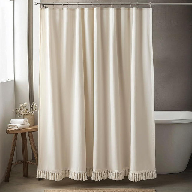 TURKIO Linen Shower Curtain Boho Beige Shower Curtains for Bathroom Thick Fabric Shower Curtain with Tassels Neutral Shower Curtains Rustic Farmhouse Bath Decor 72 Inch