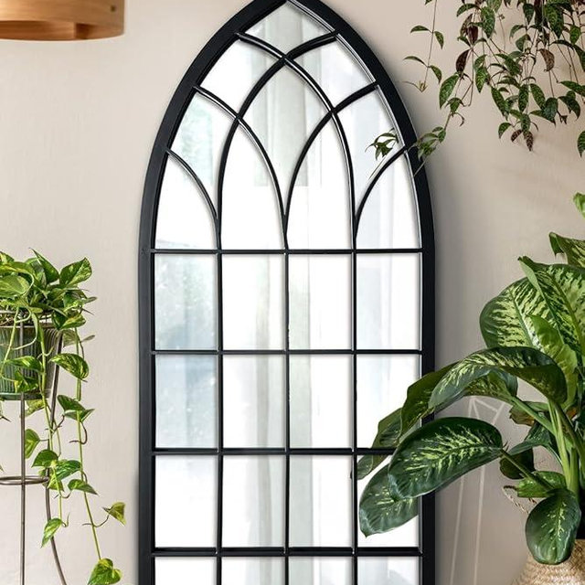 WAMIRRO Farmhouse Window Mirror,Arched Black Mantel Mirror,Cathedral Wall Mirrors with Window Pane for Entryway/Fireplace/Living Room/Hallway 20"X46"