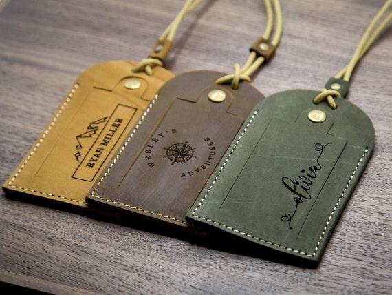Engraved Luggage Tag with Contact Card - Leather Travel Bag Name Tag, Bridesmaid Groomsmen Wedding Party Favor, Traveler Gifts