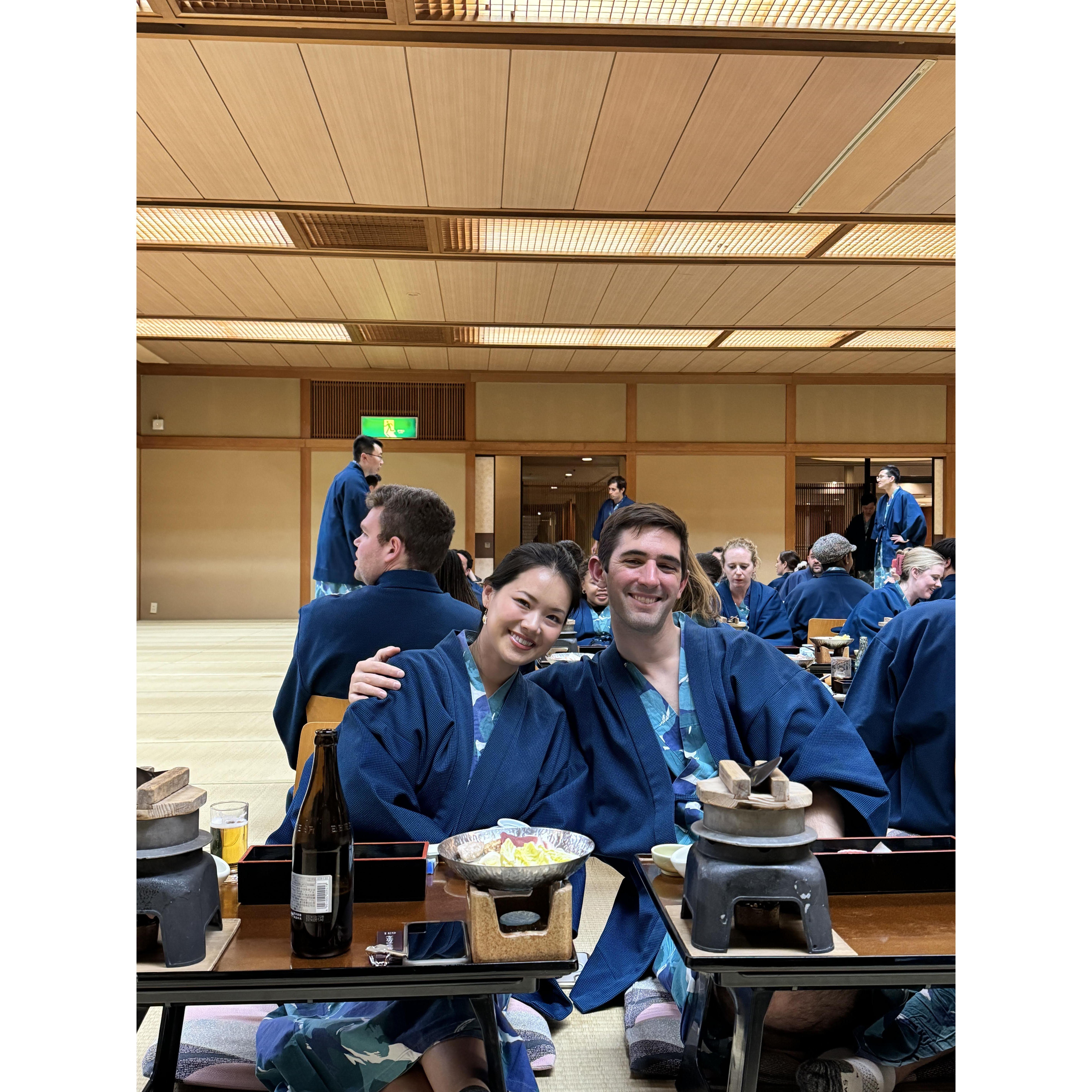 Ping and Nick getting ready to chow down at a ryokan near Itsukushima, Japan during Sloan Spring Break in 2024
