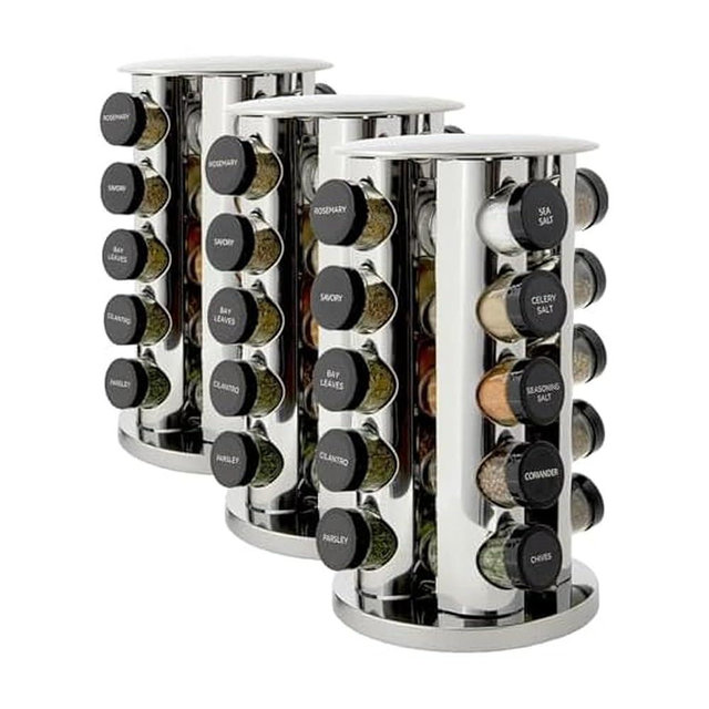 Kamenstein 20 Jar Revolving Countertop Spice Rack with Spices Included, FREE Spice Refills for 5 Years, Polished Stainless Steel with Black Caps, 30020 (Pack of 3)