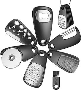 6-Piece Stainless Steel Kitchen Gadgets Set – Cheese Grater, Peeler, Pizza Cutter, Bottle Opener, Garlic Grinder – Compact Camping and RV Kitchen Accessories (Black)