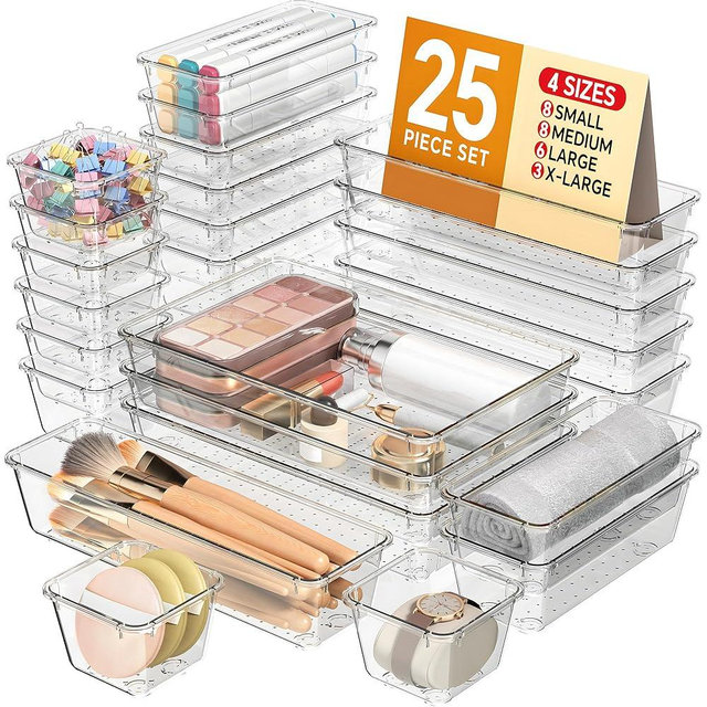 KEMETHY 25 PCS Plastic Drawer Organizers Set, 4 Sizes Vanity Organizer, Makeup and Desk Drawer Organizer Trays, Organization and Storage for Makeup, Bathroom, Kitchen Utensils and Office (Clear)
