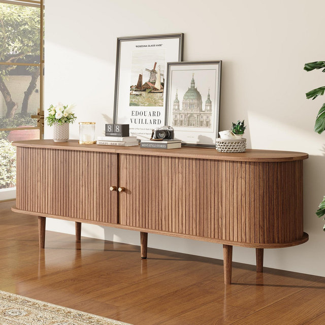 AMERLIFE 70" Fluted TV Stand with Storage, Mid Century Media Console for TVs up to 80", Walnut