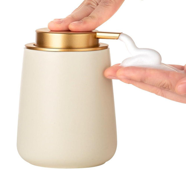 Enra Foaming Soap Dispenser,12 oz BModern Foam Soap Dispenser with Glod Pump for Bathroom,Kitchen with Easy-to-Press Pump (Beige Poam Glod Pump)