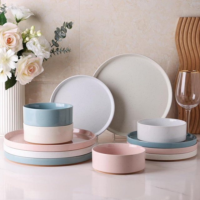 AmorArc Ceramic Dinnerware Set for 4 | Speckled Stoneware Plates and Bowls with unglazed terracotta | Scratch Resistant, Dishwasher & Microwave Safe Dishes Sets- 12-Pcs Colorful