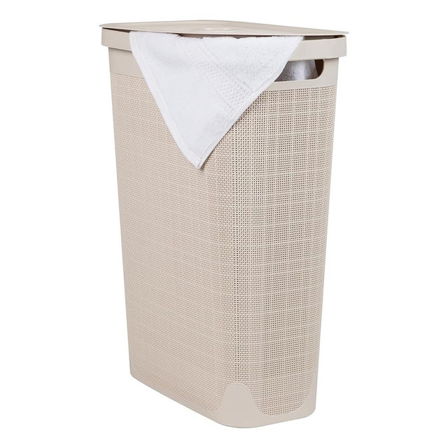 Mind Reader 40L Slim Laundry Hamper, Clothes Basket, Lid, Linen Design, Plastic, 18.5”L x 10.75”W x 23.5”H, Ivory