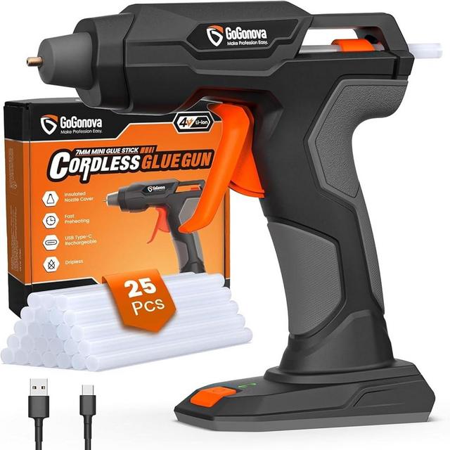 GoGonova Glue Gun Zuel, 20s Fast Preheating Anti-drip Cordless Glue Gun, 2Ah USB-C Rechargeable Hot Glue Gun Kit with 25 Pcs Mini Glue Sticks, Smart Power-Off (Gray-25)