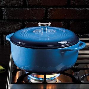 Lodge 6 Quart Enameled Cast Iron Dutch Oven with Lid – Dual Handles – Oven Safe up to 500° F or on Stovetop - Use to Marinate, Cook, Bake, Refrigerate and Serve – Blue
